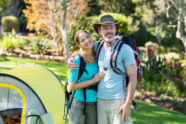 Hiker couple embracing each other