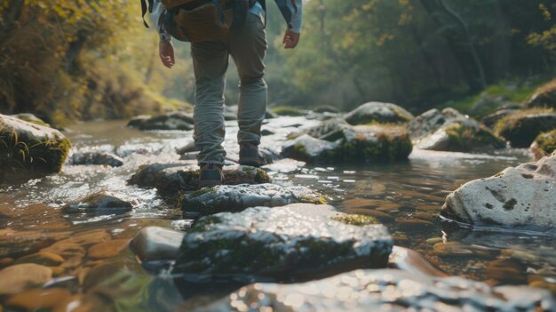 Hiker crossing a river on stepping stones surrounded by the serene beauty of a sunlit forest