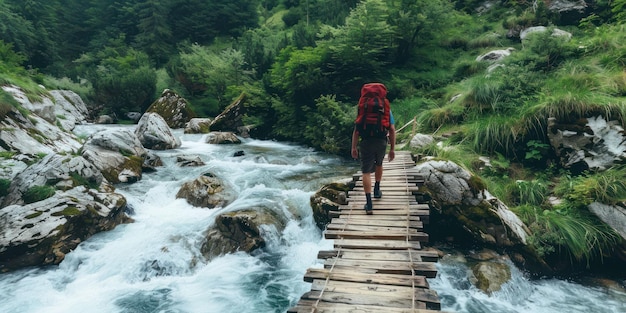 A hiker crossing a wooden bridge over a rushing mountain stream