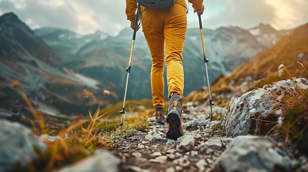 トレッキング・ポールを展開するハイカーが 荒れ果てた山の道を歩いて 無限の自由と空間に向かいます