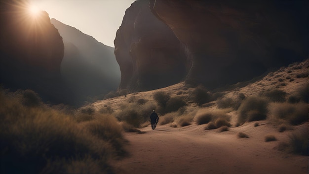 Foto escursionista nel rendering 3d del deserto paesaggio fantastico