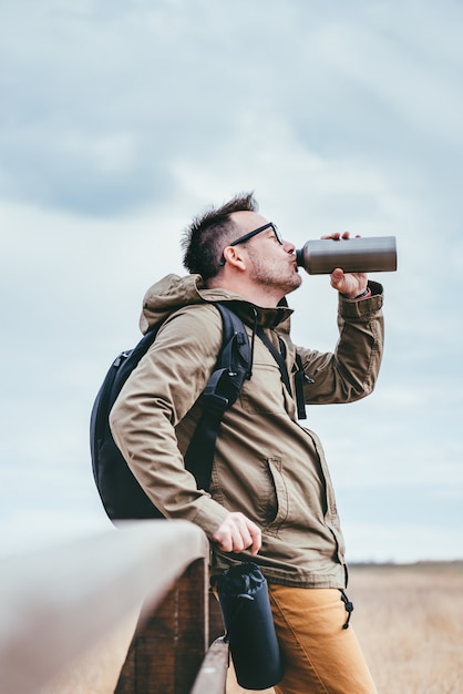 Hiker drinking water