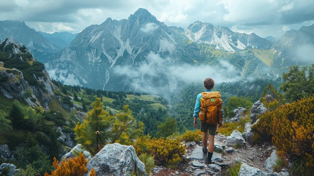 Hiker embracing view from atop a mountain peak generate AI