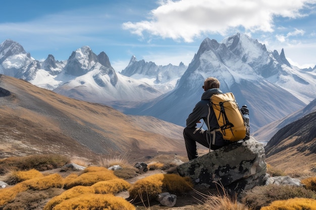 Путешественник наслаждается отдыхом с видом на горные вершины на заднем плане, созданным с помощью генеративного ИИ