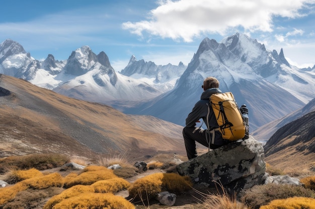 Hiker enjoying a rest with view of mountain peaks in the background created with generative ai