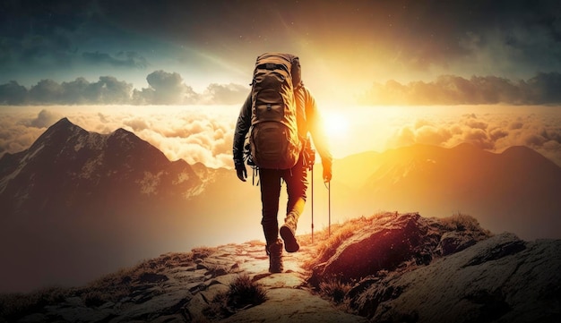 Hiker goes against sky and sun Hiking concept created with generative Ai technology