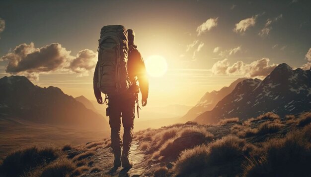 Hiker goes against sky and sun Hiking concept Generative Ai