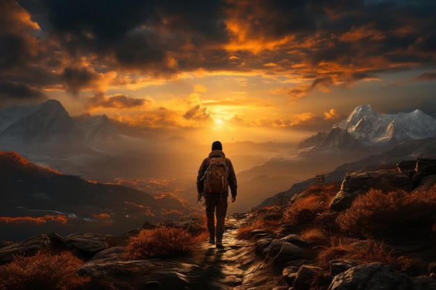 Hiker goes against sky and sun Hiking concept