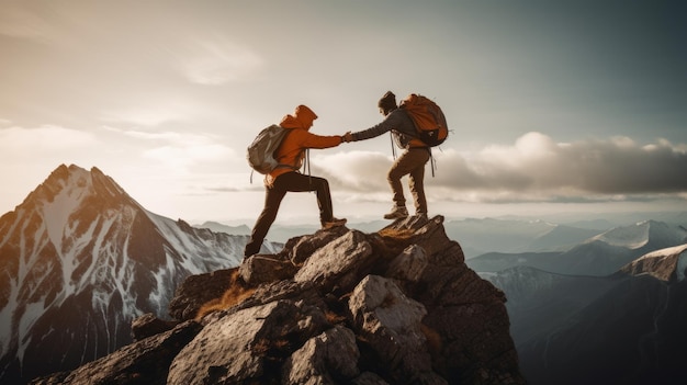 ハイカーが友人を助けながら山の頂上に到達する高品質の写真高詳細のアンスプラッシュ