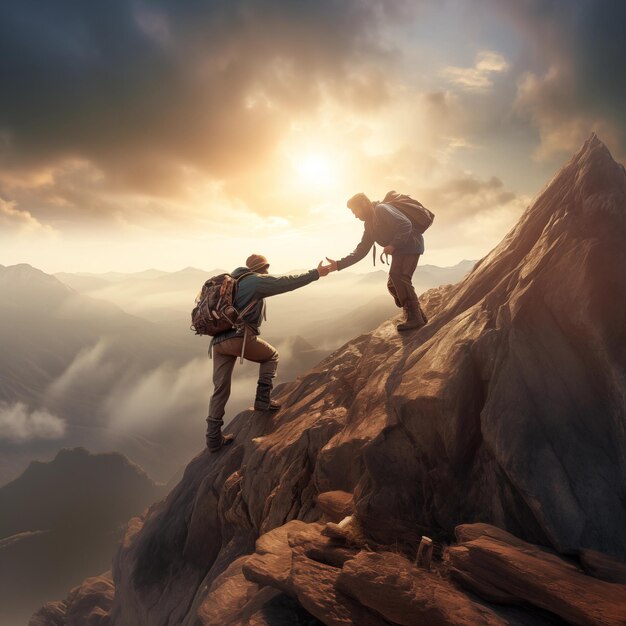 Photo hiker helping friend reach the mountain top generative ai