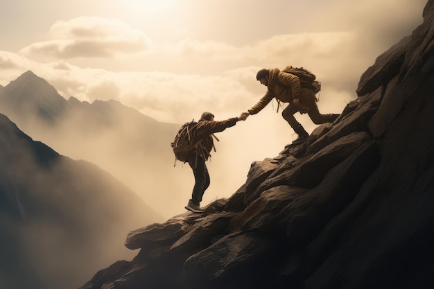 산악인 이 친구 가 산 꼭대기 에 도달 할 수 있도록 돕고 있다