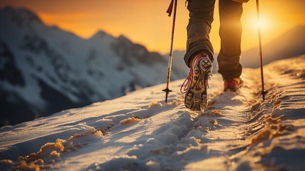 写真 夕暮れの山のハイキング 冬のハイキングコンセプト