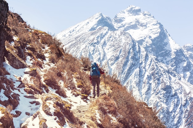 Hiker in Himalayas mountain. Nepal