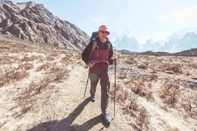 Hiker in Himalayas mountain. Nepal