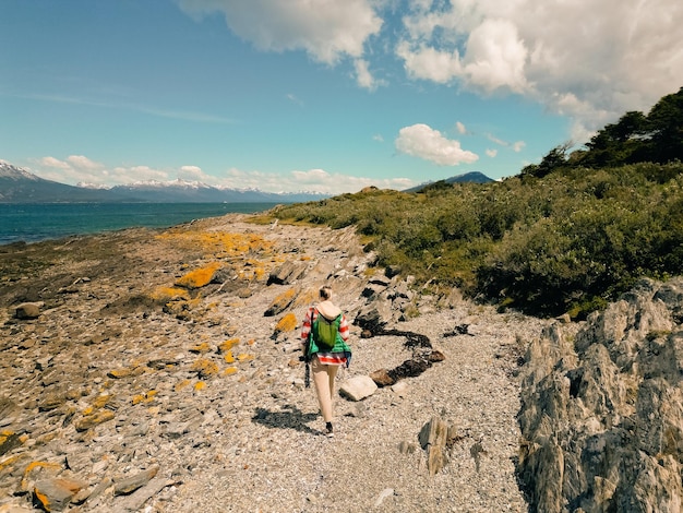 hiker on Lapataia bay in National Park Tierra del Fuego Argentina