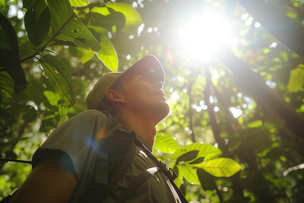 Hiker looking up at the sunlight through the canopy