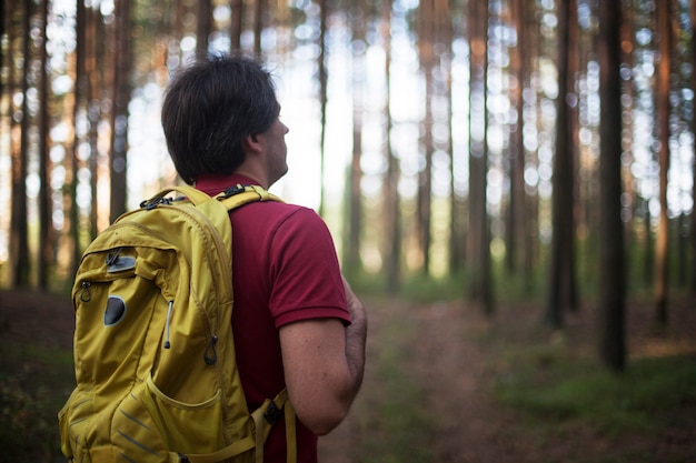 Hiker - человек, походы в лес. Мужской hiker смотря к стороне идя в лес. Кавказская мужская модель на открытом воздухе в природе.