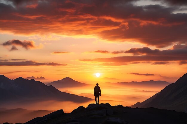 Hiker man standing on the top of a mountain and looking at the sunset Man on top of the mountain