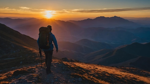 Hiker man standing on the top of a mountain and looking at the sunset Man on top of the mountain