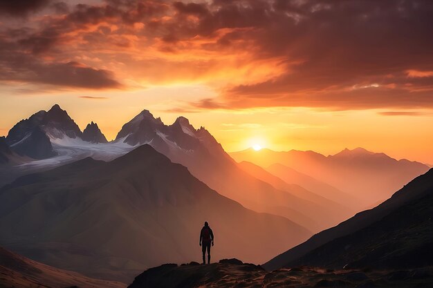 Hiker man standing on the top of a mountain and looking at the sunset Man on top of the mountain