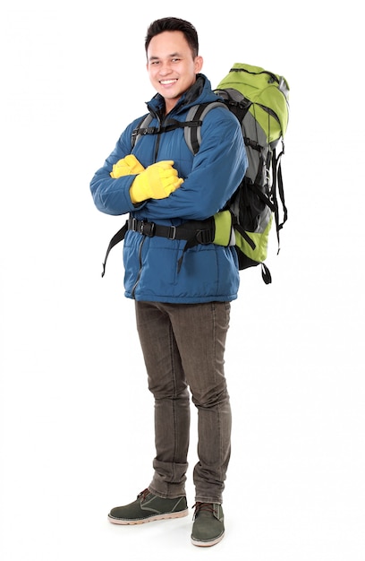 Photo hiker man tourist with binoculars
