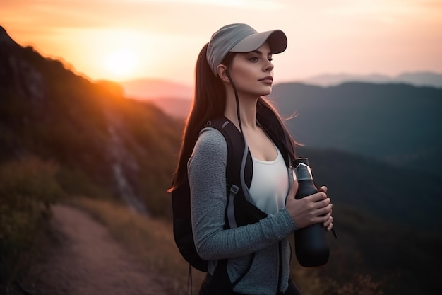 Hiker in mountain at sunset beautiful woman holds bottle of water generative AI