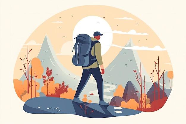 Hiker in the mountains illustration of a man with a backpack