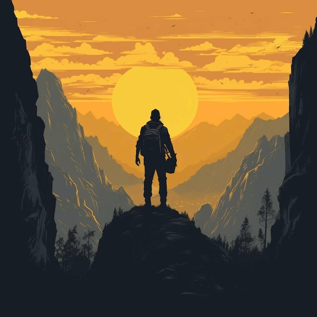 Hiker in the mountains at sunset Vector illustration for your design