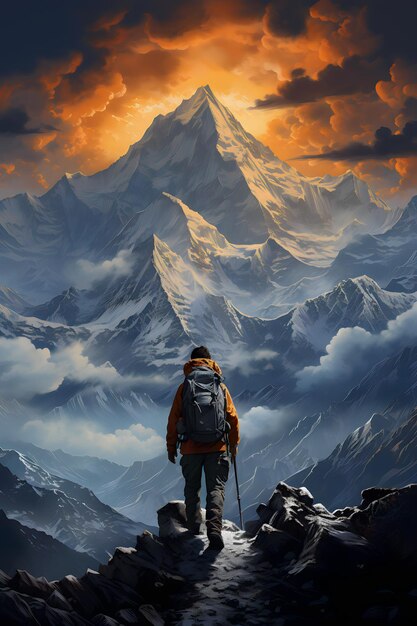 Hiker in the mountains at sunset