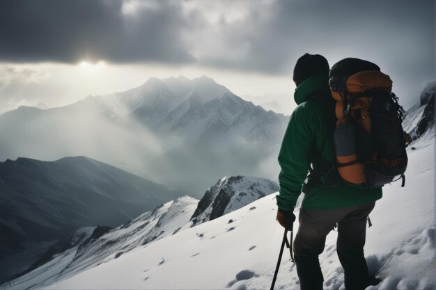 AIによって生成されたスノーシューとバックパックで山をハイキングする