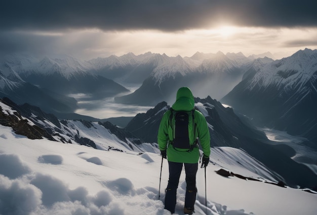 Hiker in mountains with snowshoes and backpacks Generated by AI