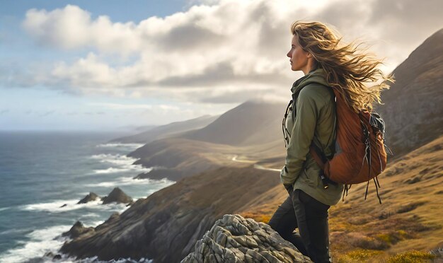 Photo a hiker pauses on a cliff the wind whipping through their hair as the stunning landscape