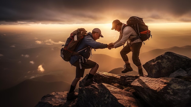 Photo hiker picking his friend up