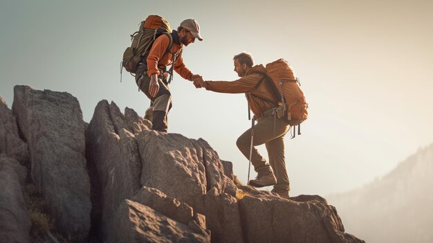 Photo hiker picking his friend up