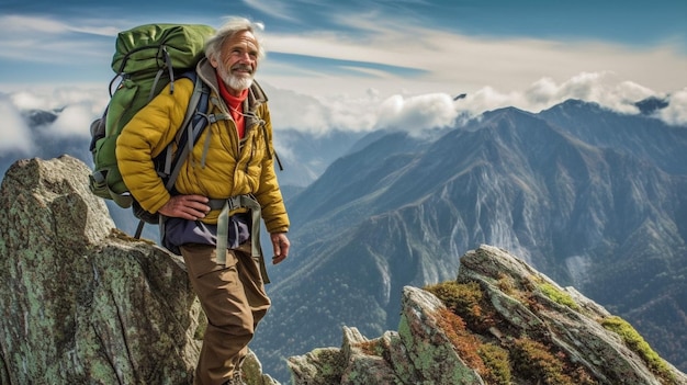 Hiker poses in front of a mountain range while on an adventure and retirement hike GENERATE AI