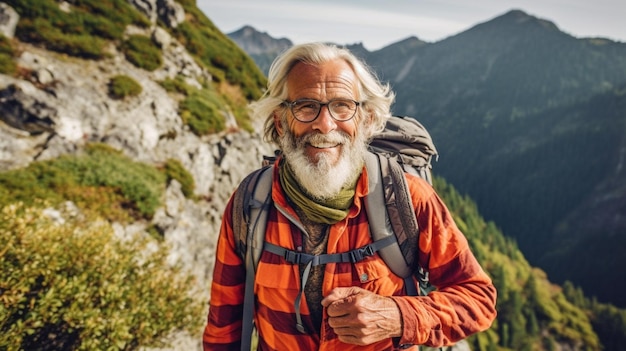 Portrait of cheerful young female has hiking tour in mountains, poses at  camera with cheerful expres Stock Photo by wayhomestudioo