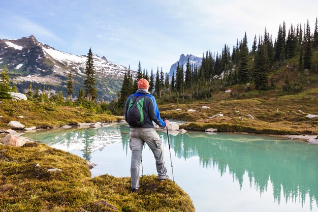 Hiker relaxing at serene mountain lake