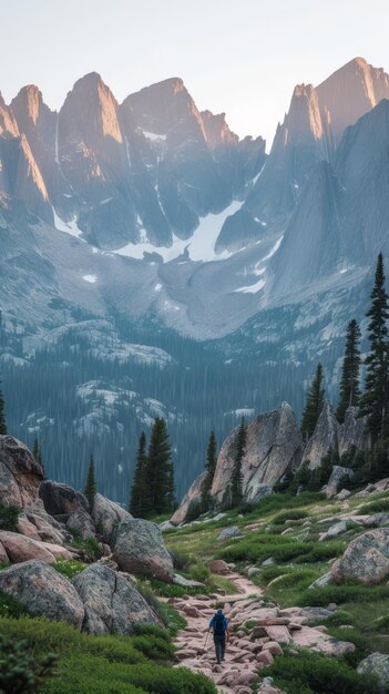 Hiker on a Rocky Mountain Trail with a Towering Mountain in the Distance