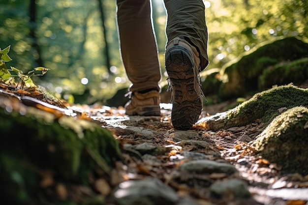 Hiker's rugged boots trekking over jagged rocks amidst a sunlit woodland trai