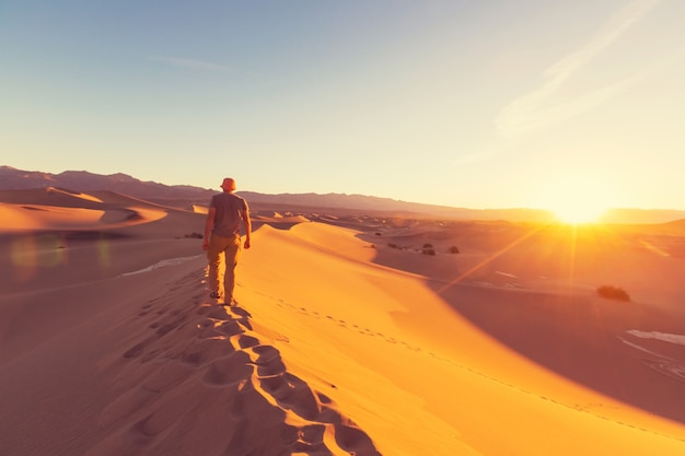 Hiker in sand desert. Sunrise time.