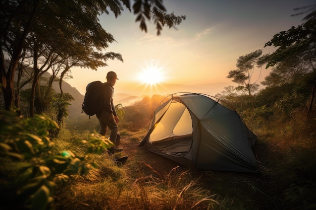 Hiker setting up tent in the forest with clear view of the sunset