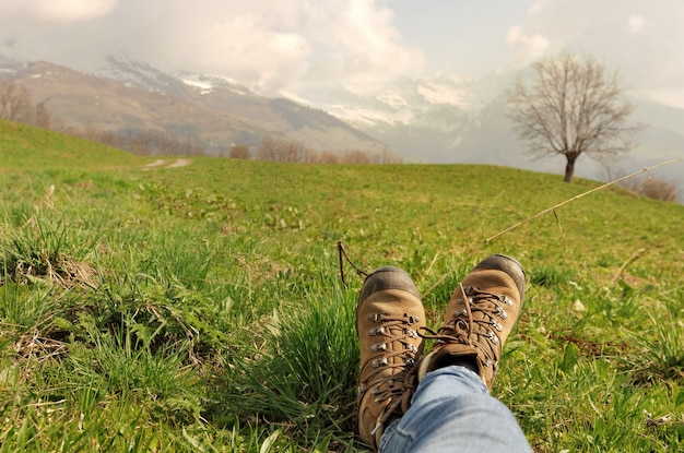 Hiker shoes in the grass