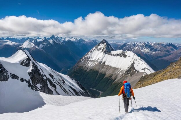 Hiker on snowy mountain peak with stunning view