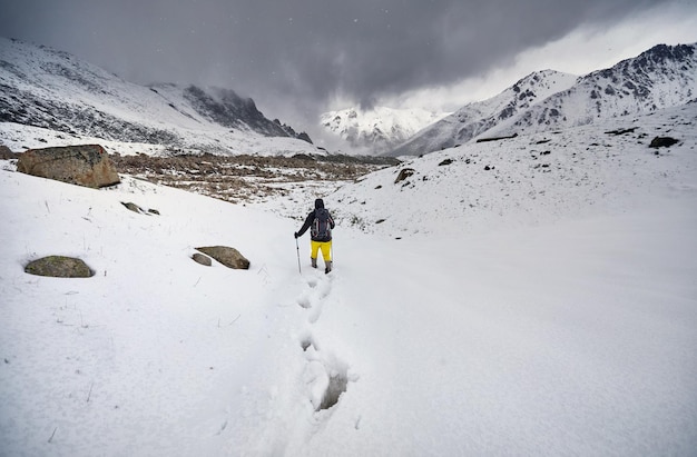 Hiker in the snowy mountains