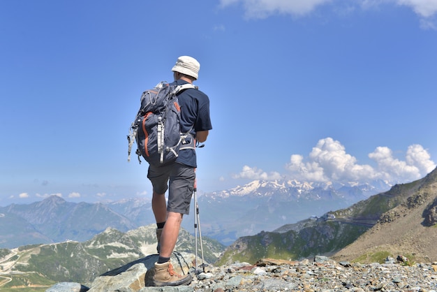 Viandante che sta sulla cima della montagna alpina in un'estate