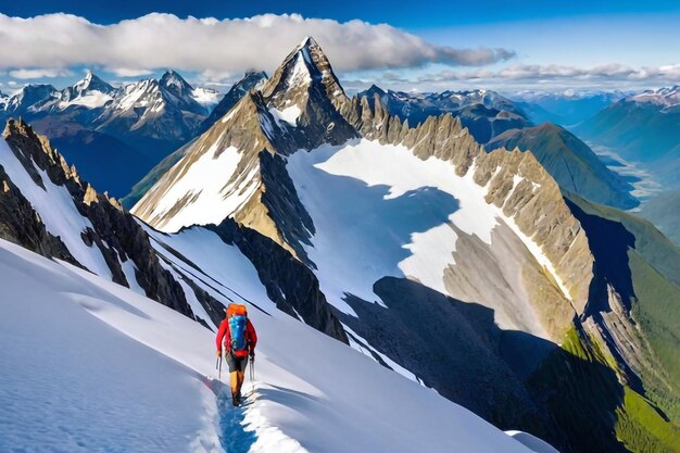 Foto un escursionista in piedi sulla cima di una montagna innevata