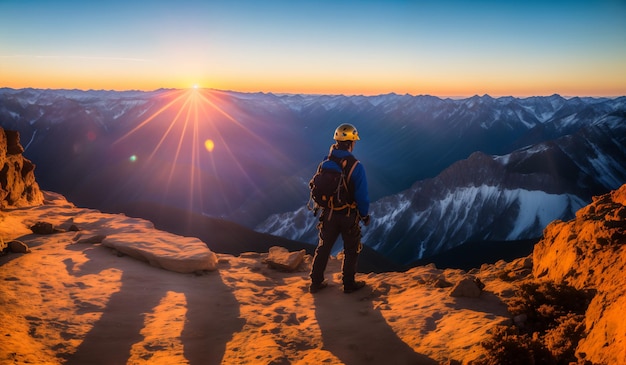 Турист стоит на вершине горы и наслаждается прекрасным восходом солнца