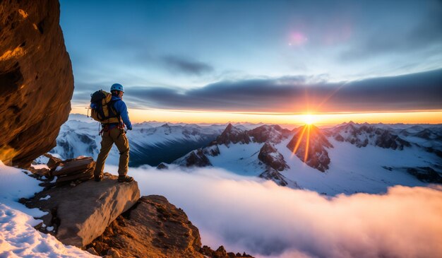 Турист стоит на вершине горы и наслаждается прекрасным восходом солнца