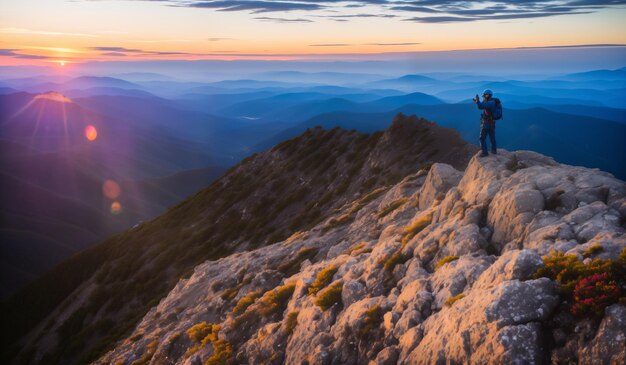 Hiker standing on the top of a mountain and enjoying the beautiful sunrise