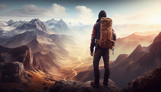 Hiker standing on top of mountain peak